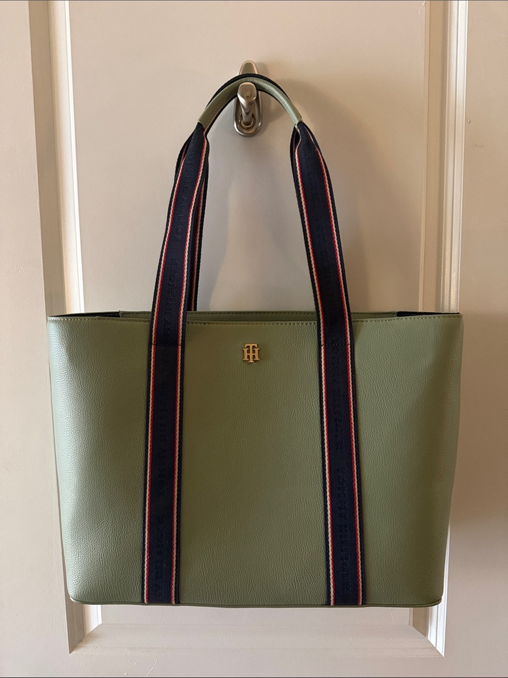 Tommy Hilfiger Olive Green Tote with Navy Stripe Handles 👜